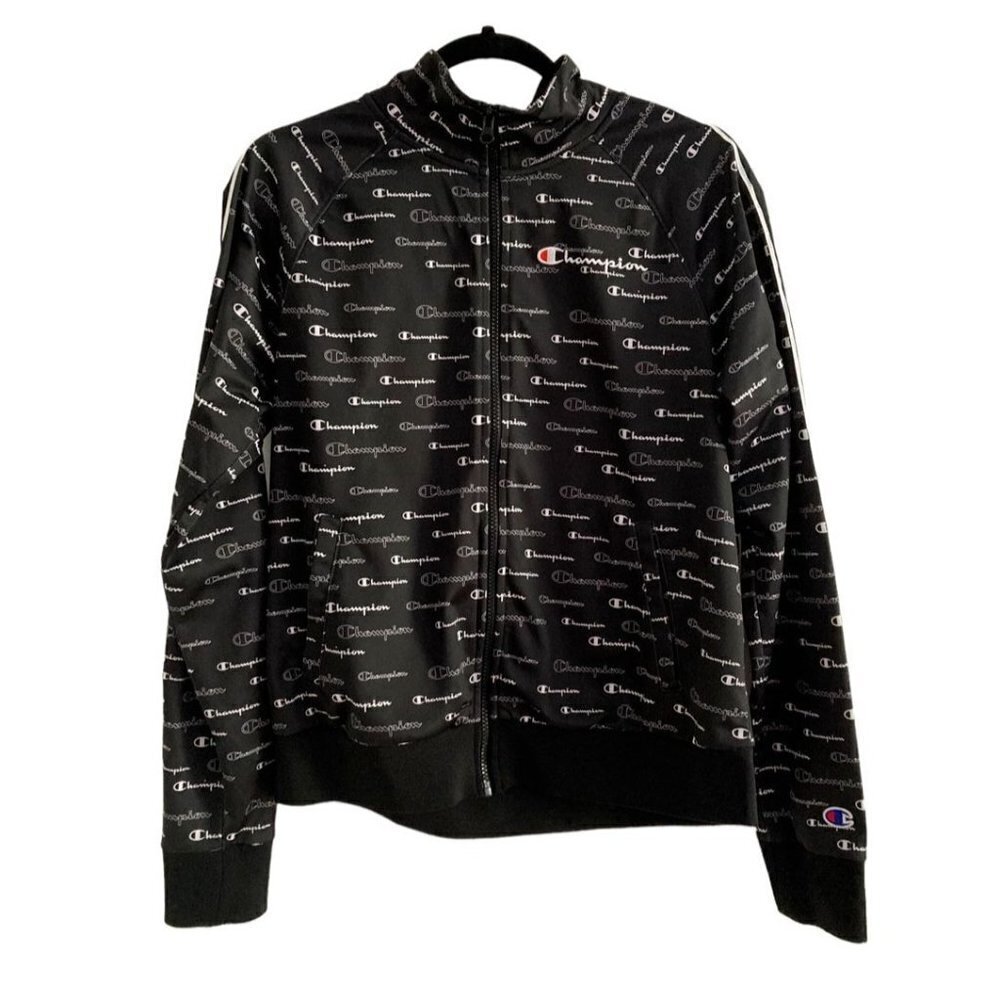 Champion All Over Logo Womens Zip Up Black Track Jacket Medium